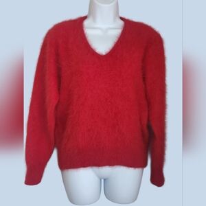 Venesha Vintage Red Angora Sweater. V Neck Pullover. Size M